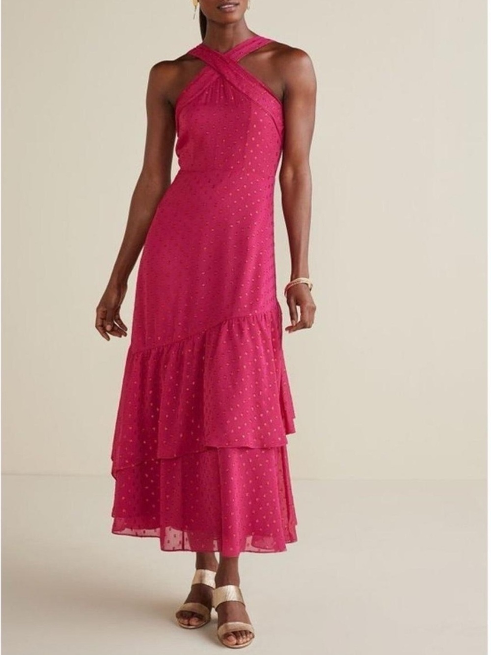 Soft Surroundings Sanna Sparkling Maxi Dress fuchsia/sangria crisscross halter